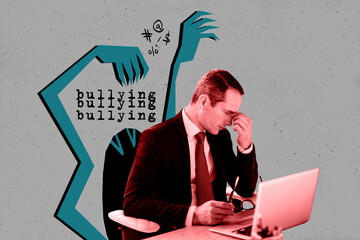 Composite trend artwork 3D sketch image photo collage of office manager young man work laptop...