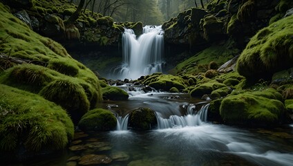 Fototapeta premium A waterfall cascading down mossy rocks into a stream. Green moss covers the rocks.
