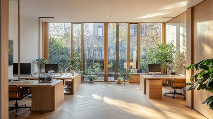 Fototapeta premium Cozy office space with minimalist desks, parquet floors, and glass walls offering garden views