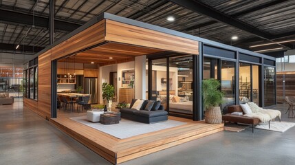 Display home with a modular design featuring natural wood and large windows in an open industrial showroom.