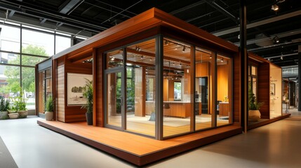 Display setup of a modular house with warm wood finishes and modern glass features inside a showroom.