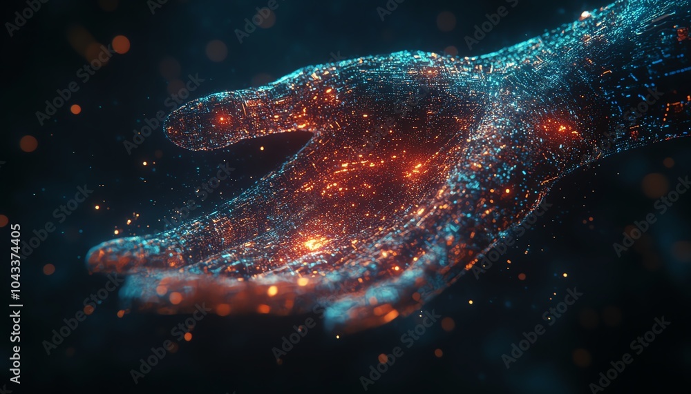 Poster intriguing visualization of a hand made of digital elements engaging with data streams, representing