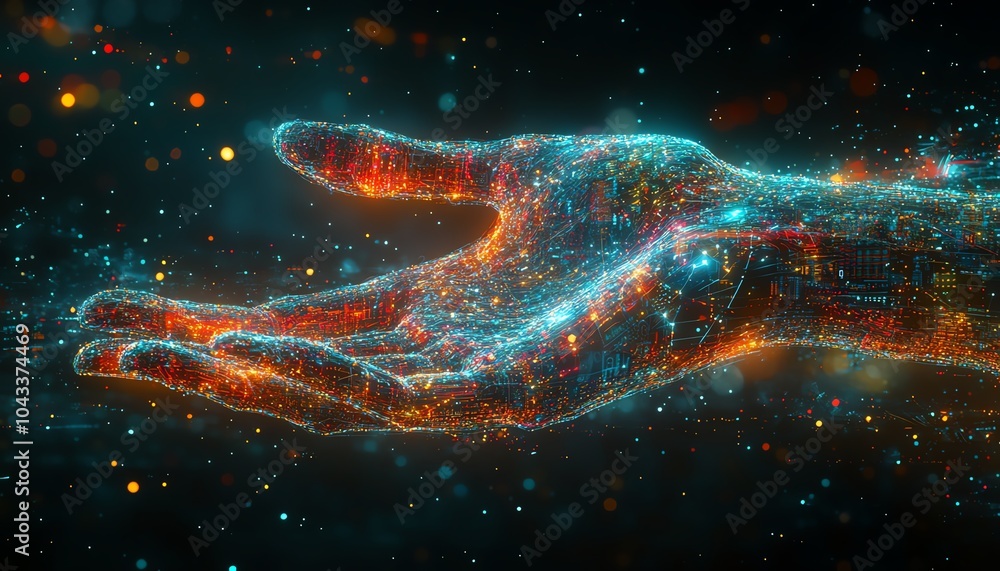 Poster intriguing visualization of a hand made of digital elements engaging with data streams, representing