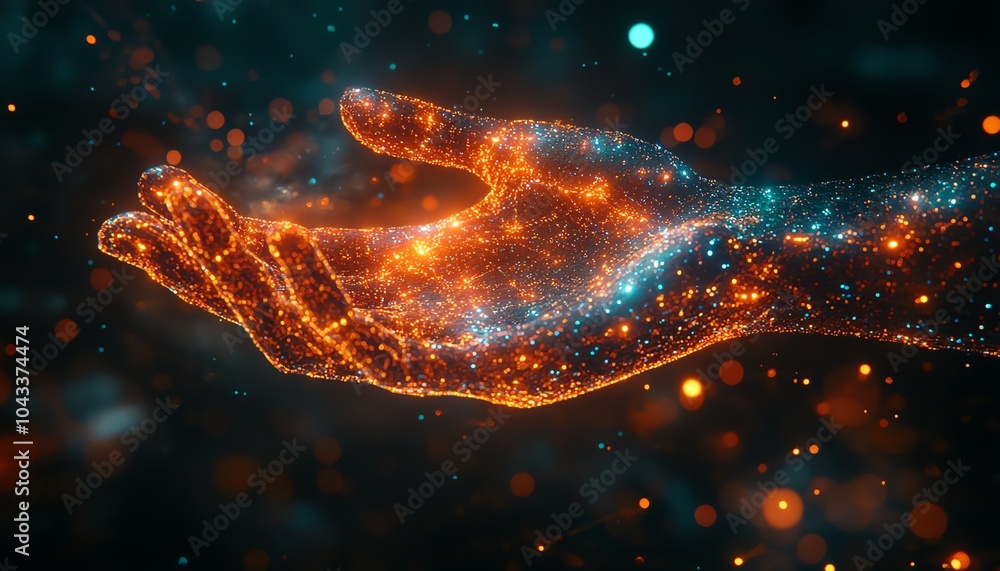 Poster intriguing visualization of a hand made of digital elements engaging with data streams, representing
