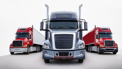 Semi trailer truck isolated with a white background; a big tractor trailer front end; transportation photography; large shipping container transportation; isolated; white background; heavy industry