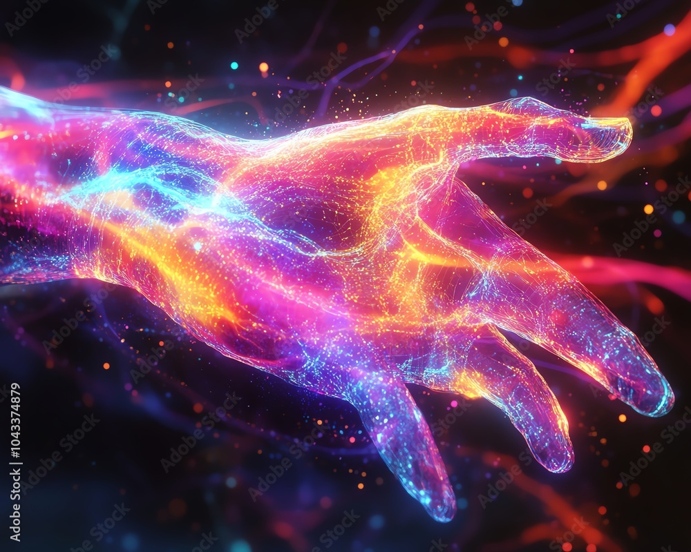 Poster vivid depiction of a digital hand interfacing with colorful data flows, symbolizing advancements in 