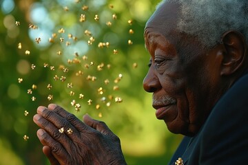 Fireflies Dancing Night. Elderly man enjoying outdoor nature moment with glowing fireflies at dusk, peaceful evening relaxation, perfect for wellness, meditation, summer, wildlife, and serene lifesty