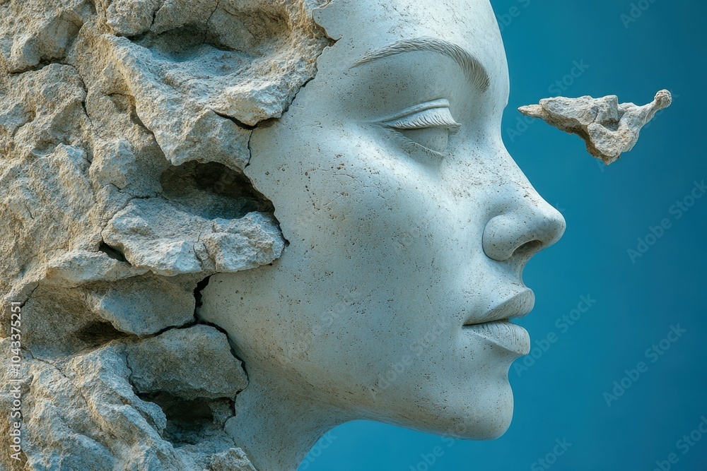 Poster a figure breaking free from a stone statue representing liberation from societal constraints