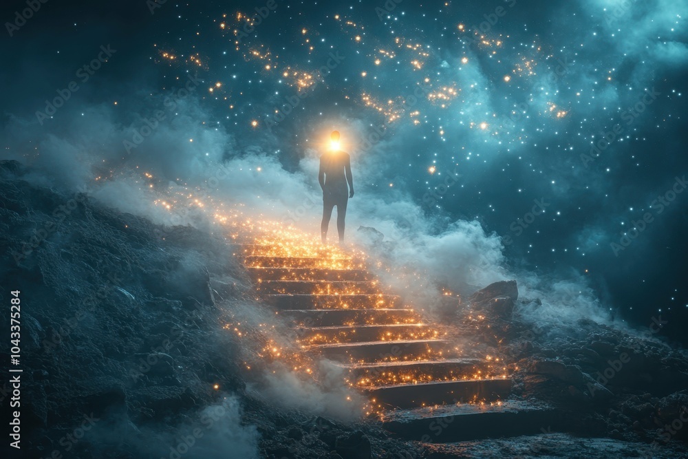 Aufkleber a figure standing on a set of steps with a bright light at the top symbolizing the journey towards j