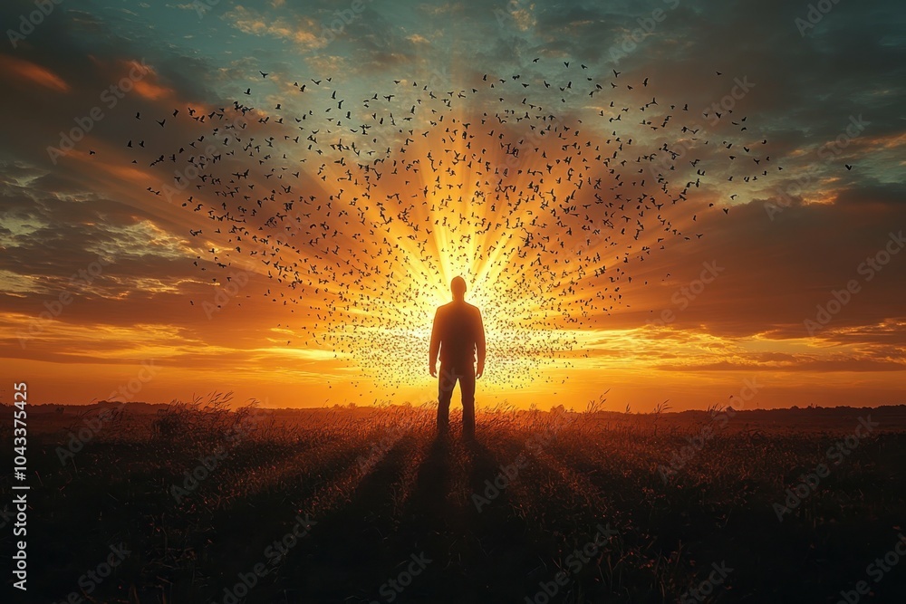 Poster a figure standing tall with rays of light emerging from behind symbolizing hope and future progress