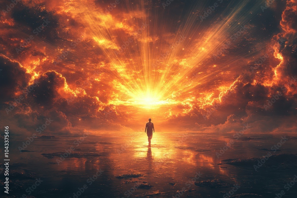 Poster a figure walking towards a horizon with abstract rays of light symbolizing a brighter future
