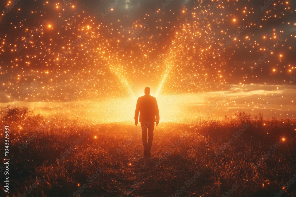 Poster a figure walking towards a horizon with abstract rays of light symbolizing a brighter future