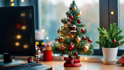 Festive mini christmas tree with ornaments and lights on an office desk by a window celebrating new year - Powered by Adobe