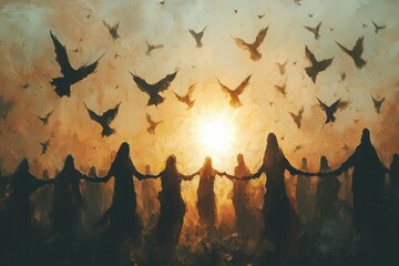 Morning Sky Colors. Silhouetted people holding hands in unity at sunset with flock of birds flying, spiritual gathering, team building, nature background, warm colors, peaceful atmosphere, community