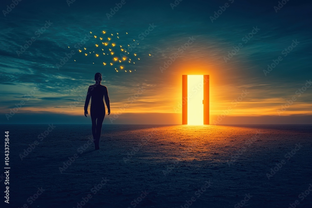 Poster a minimalistic representation of a figure walking towards a bright open door symbolizing access to n