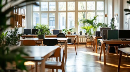Obraz premium Modern office interior with communal work tables, parquet floors, and greenery visible from the window