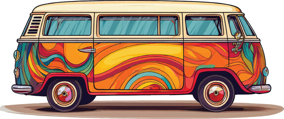 Old bus isolated on white,Hippie vintage bus, retro car, hand-drawing, cartoon transport with airbrushing. Bright yellow purple bus painted colorful flowers. Isolated vector illustration