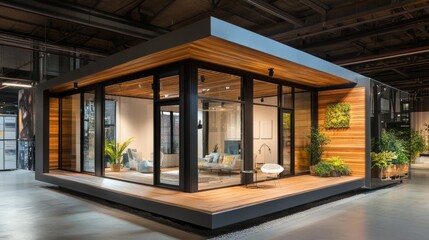 Obraz premium Modular home display featuring wooden cladding and panoramic windows, inside an urban showroom.