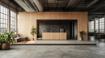 Modular home with natural wood panels and oversized windows, showcased in a stylish industrial space