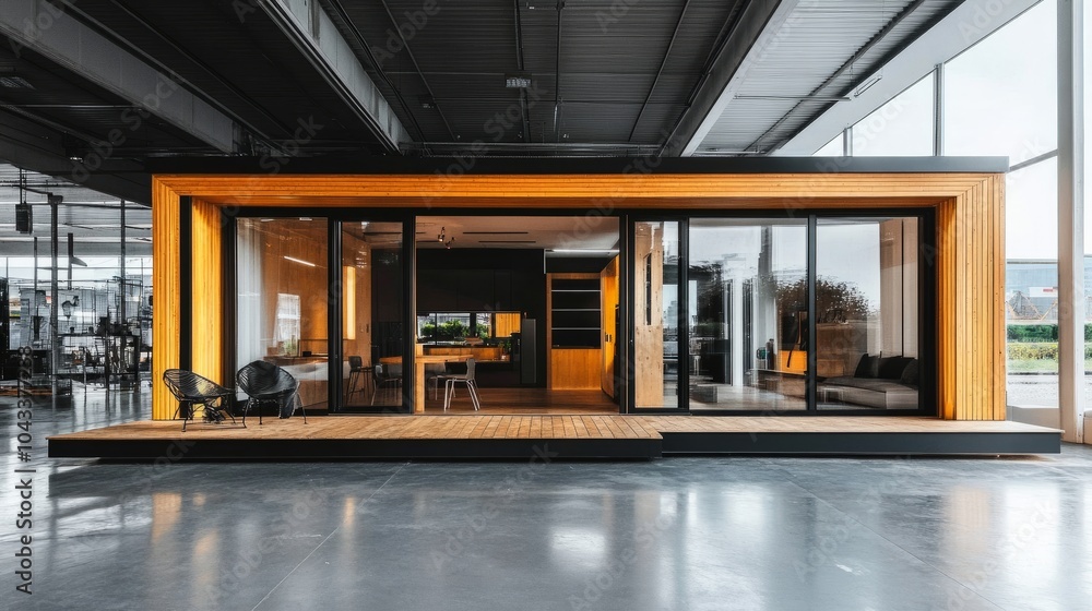 Poster modular home with sleek wooden cladding and expansive glass windows on display in an industrial show