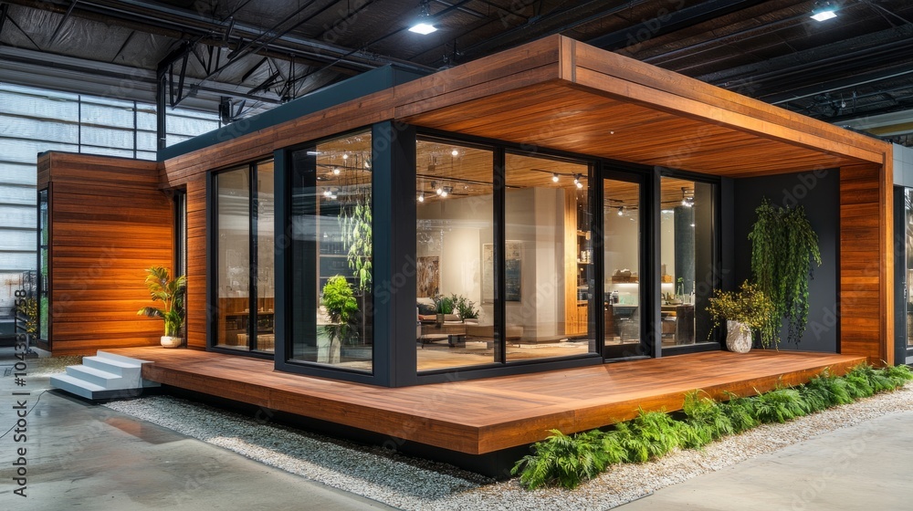 Aufkleber modular home with sleek wooden cladding and expansive glass windows on display in an industrial show