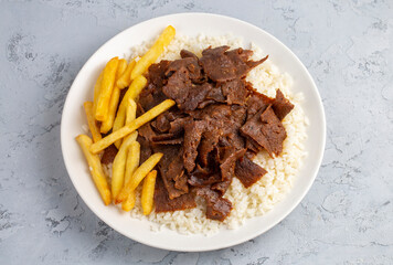 Meat doner menu, iskender menu on plate, turkish special meat doner, food, special menu (Turkish name; pilav üstü et doner)
