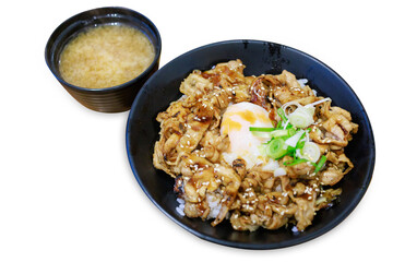 Top view of Grilled Pork Rice Bowl, focus selective