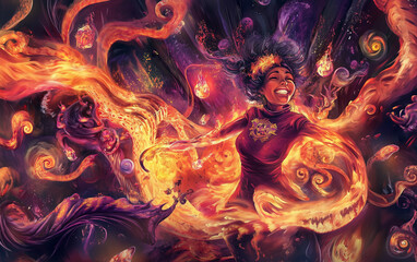 Woman joyfully dancing with fire elements in a vibrant fantasy background