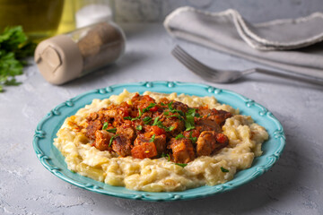 Turkish Food Hunkar Begendi made with Eggplant and Meat.