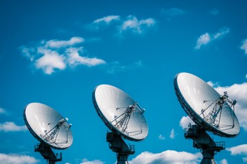 Three satellite dishes shine under a blue sky. They connect us to the world. This image captures technology and communication in a simple way. Generative AI