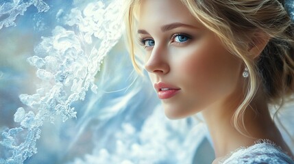Naklejka premium Ethereal beauty captured in a winter wonderland, with delicate frost patterns framing a luminous profile. Piercing blue eyes and rosy cheeks contrast the icy backdrop.