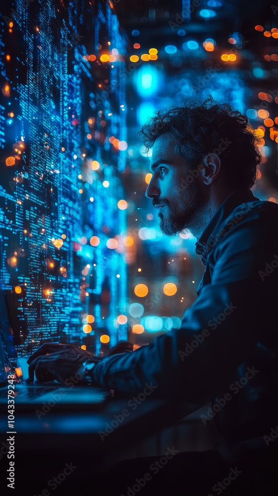 Poster man analyzing data driven marketing on laptop with rising blue statistical graphics