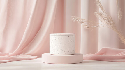 A simple, modern design featuring a white cylinder podium on a light pink background. The backdrop has soft, curved shapes in pastel colors, creating a stylish platform to showcase products.