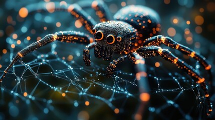 A futuristic spider in a digital web exploring the intersection of nature and technology