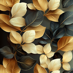 Abstract botanical art background with tropical leaves in line style in brown and beige colors.