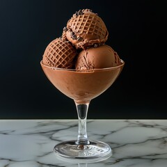 A tempting bowl of chocolate ice cream scoops topped with waffle cones sits elegantly on a marble surface against a dark background.