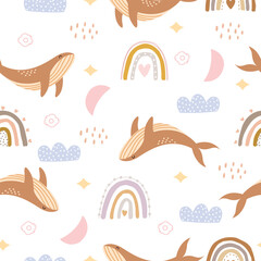 Naklejka premium Playful Whales and Rainbows A Delightful Pattern of Marine Life and Colorful Shapes for Whimsical Design Projects