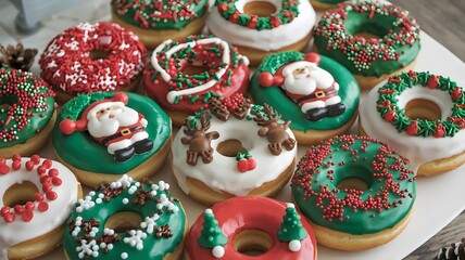Fototapeta premium Christmas donuts with Santa, reindeer, and trees on a white platter on a wooden table