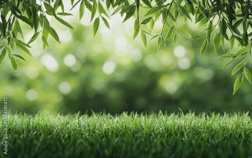 Poster a serene view of lush green grass with delicate leaves overhead, creating a tranquil and refreshing 