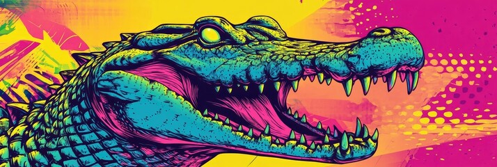 A fierce Pop art style alligator with exaggerated scales and a colorful, retro backdrop