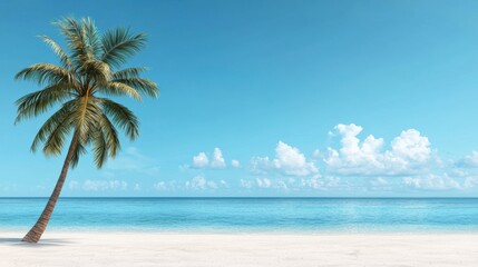 A serene tropical beach scene featuring a palm tree, clear blue waters, and a bright sky, perfect for relaxation and vacation themes.