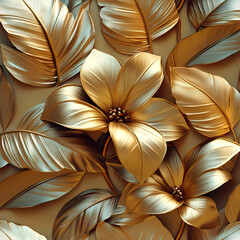 3D Vector gold leaf pattern. Floral luxury wallpaper, art deco botanical illustration.