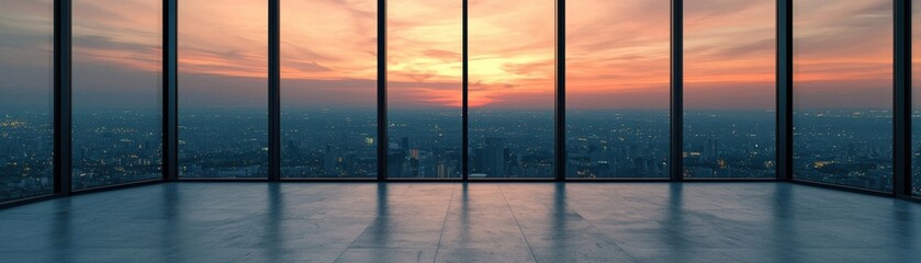 Fototapeta premium Stunning sunset view from a modern skyscraper, highlighting urban skyline and colorful clouds through large glass windows.