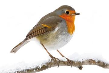Solitary robin with a bright red breast perches on a snow-dusted branch isolated on a white background