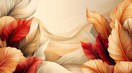Abstract botanical art background with tropical leaves in line style in brown and beige colors.