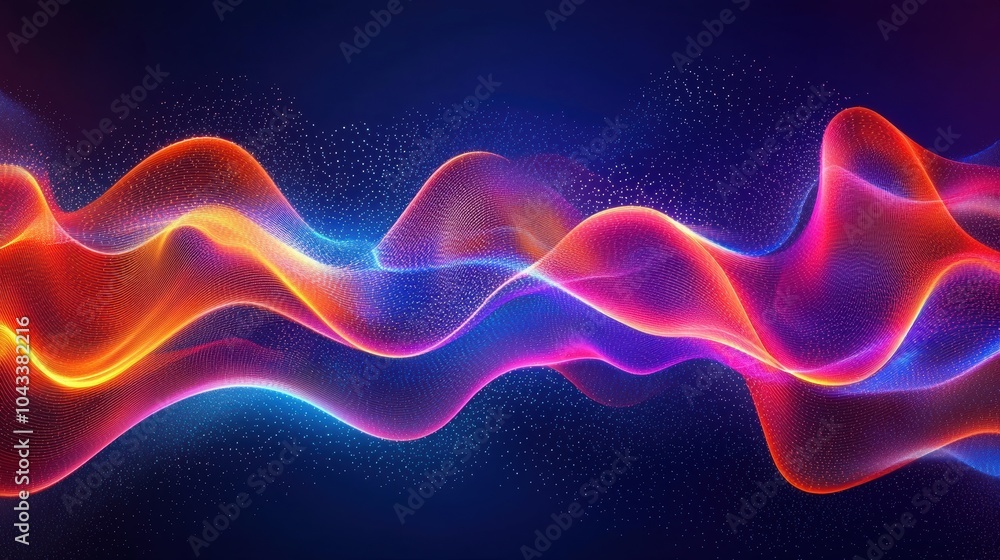 Poster vibrant abstract wave forms in bright colors, creating dynamic energy and fluid motion against a dee