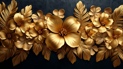 3D Vector gold leaf pattern. Floral luxury wallpaper, art deco botanical illustration.