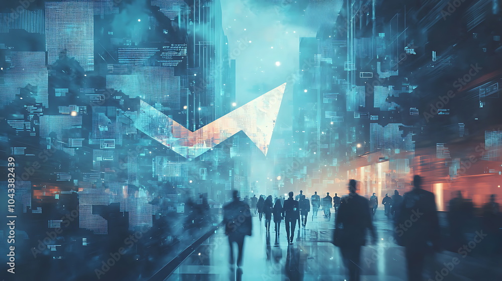Poster abstract cityscape illustrating financial growth with dynamic data visualizations and people in moti
