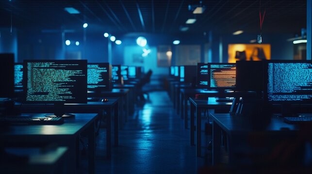 Dimly lit computer lab with rows of monitors displaying code, bathed in an eerie blue glow. Empty chairs await late-night programmers in this atmospheric hacker's den. - Powered by Adobe