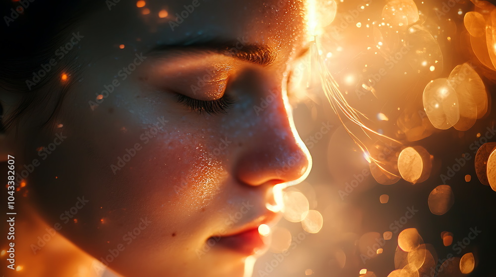 Poster a serene portrait closeup of a tranquil woman against a soft bokeh background capturing inner peace 